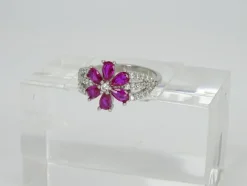 Outlet Pamono 925 Sterling Silver Flower Ring with Ruby Root and Zircons, Italy, 21st Century