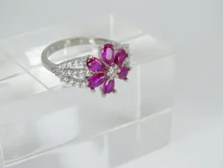 Outlet Pamono 925 Sterling Silver Flower Ring with Ruby Root and Zircons, Italy, 21st Century