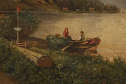 Pamono A. Fournier, Mountain Lake with Rowing Boats and River, 1950, Oil on Canvas><noscript><img width=