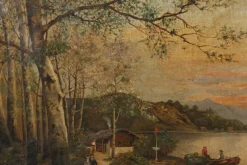 Pamono A. Fournier, Mountain Lake with Rowing Boats and River, 1950, Oil on Canvas><noscript><img width=