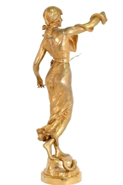 Pamono A. Lefebvre, Snake Charmer Lady, 1900s, Fire-Gilded Bronze> Art Nouveau