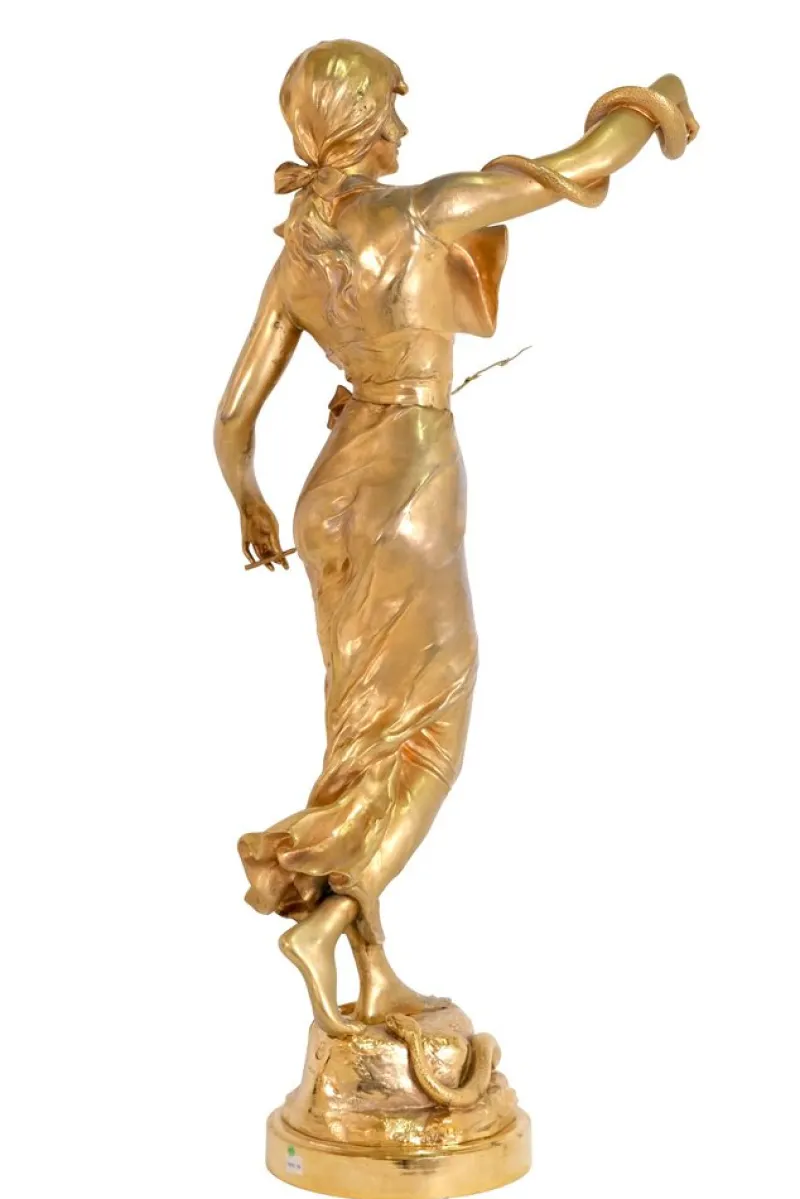Pamono A. Lefebvre, Snake Charmer Lady, 1900s, Fire-Gilded Bronze> Art Nouveau