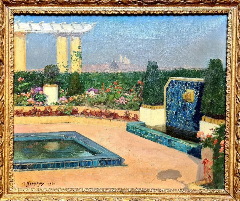 Pamono A Scottroy, View of Paris, Les Invalides and Sacre Coeur, Art Deco Garden, 1931, Oil on Canvas> Art Deco|Painting