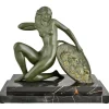 Pamono A. Soleau, Art Deco Kneeling Nude with Fruit Basket, 1930, Bronze with Marble Base> Art Deco