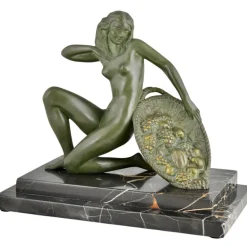 Pamono A. Soleau, Art Deco Kneeling Nude with Fruit Basket, 1930, Bronze with Marble Base> Art Deco