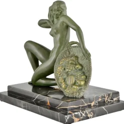 Pamono A. Soleau, Art Deco Kneeling Nude with Fruit Basket, 1930, Bronze with Marble Base><noscript><img width=