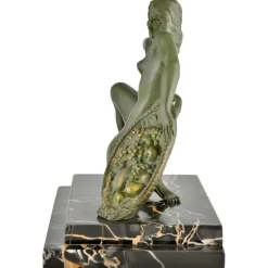 Pamono A. Soleau, Art Deco Kneeling Nude with Fruit Basket, 1930, Bronze with Marble Base><noscript><img width=