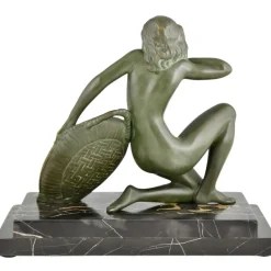 Pamono A. Soleau, Art Deco Kneeling Nude with Fruit Basket, 1930, Bronze with Marble Base><noscript><img width=