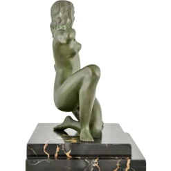 Pamono A. Soleau, Art Deco Kneeling Nude with Fruit Basket, 1930, Bronze with Marble Base><noscript><img width=