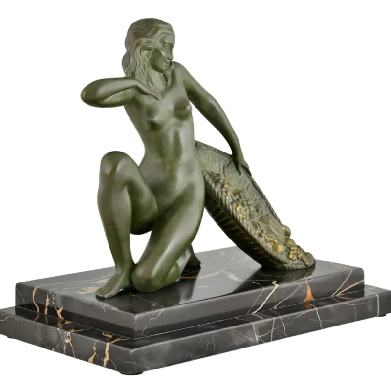 Pamono A. Soleau, Art Deco Kneeling Nude with Fruit Basket, 1930, Bronze with Marble Base> Art Deco