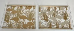 Pamono Acrylic Glass and Brass Trays with Gilded Bird Decor, Set of 2> Trays