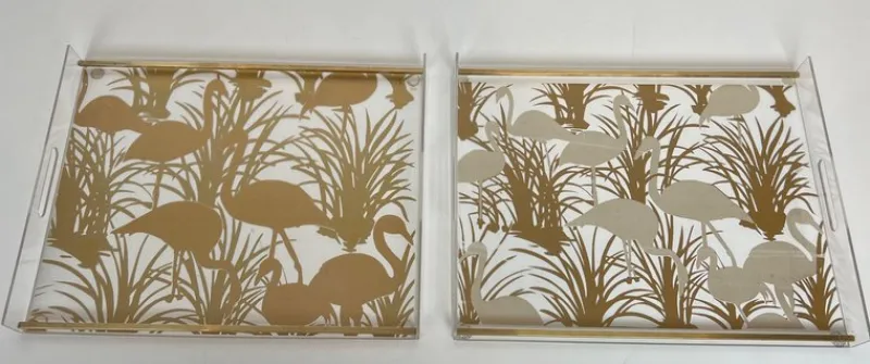 Pamono Acrylic Glass and Brass Trays with Gilded Bird Decor, Set of 2> Trays