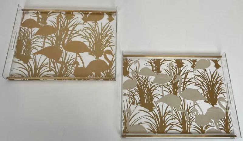 Pamono Acrylic Glass and Brass Trays with Gilded Bird Decor, Set of 2> Trays