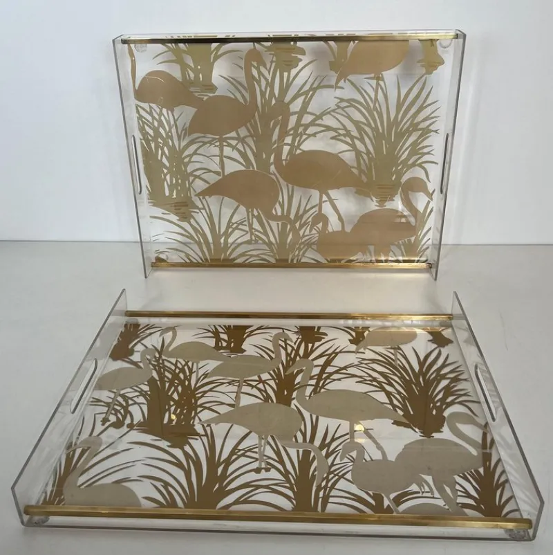 Pamono Acrylic Glass and Brass Trays with Gilded Bird Decor, Set of 2> Trays