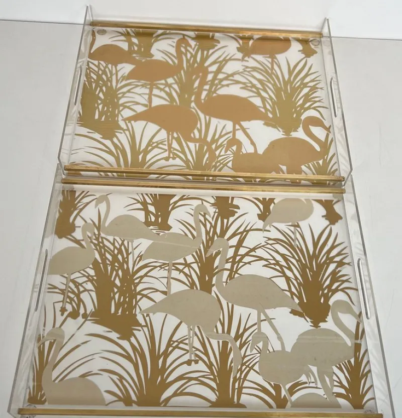 Pamono Acrylic Glass and Brass Trays with Gilded Bird Decor, Set of 2> Trays