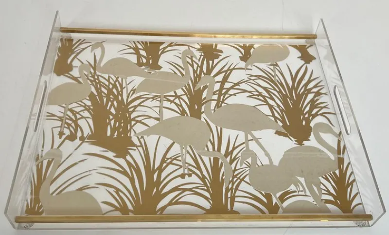 Pamono Acrylic Glass and Brass Trays with Gilded Bird Decor, Set of 2> Trays