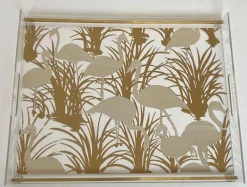 Pamono Acrylic Glass and Brass Trays with Gilded Bird Decor, Set of 2><noscript><img width=