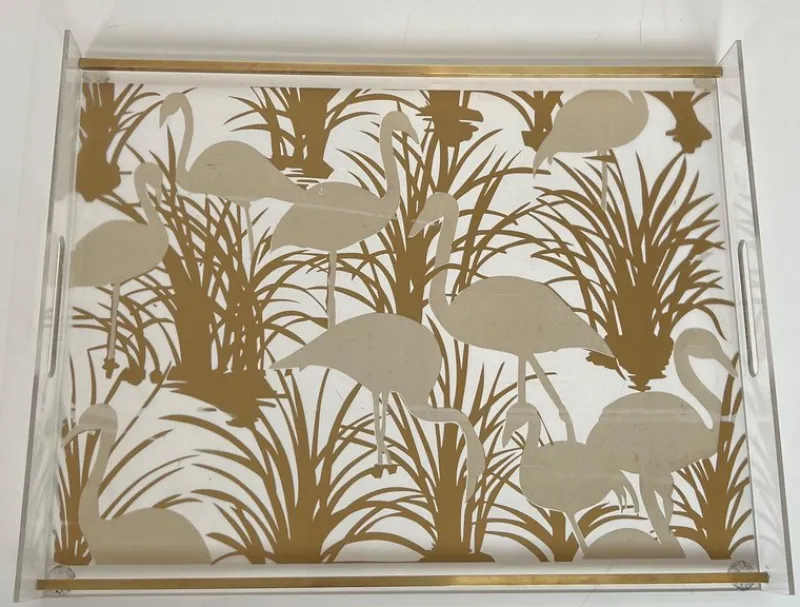 Pamono Acrylic Glass and Brass Trays with Gilded Bird Decor, Set of 2> Trays