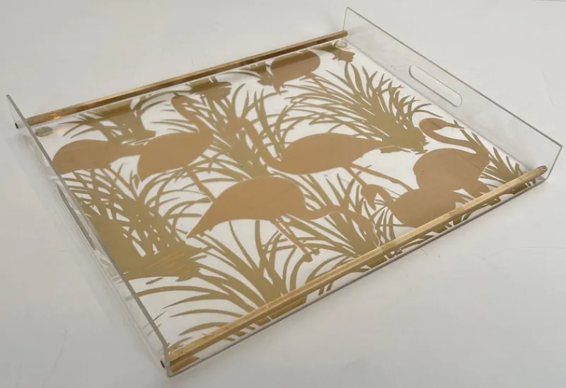 Pamono Acrylic Glass and Brass Trays with Gilded Bird Decor, Set of 2> Trays