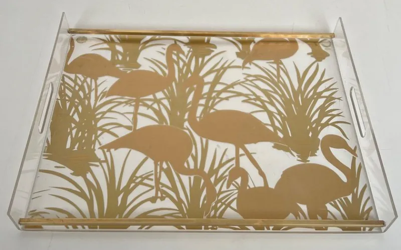 Pamono Acrylic Glass and Brass Trays with Gilded Bird Decor, Set of 2> Trays