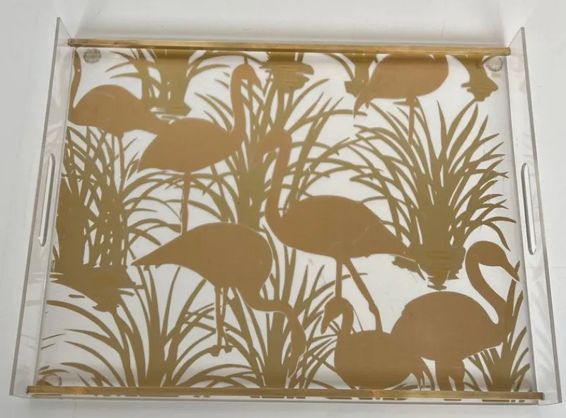 Pamono Acrylic Glass and Brass Trays with Gilded Bird Decor, Set of 2> Trays