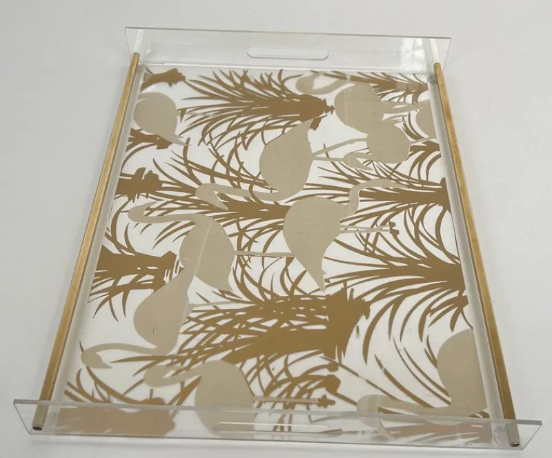 Pamono Acrylic Glass and Brass Trays with Gilded Bird Decor, Set of 2> Trays