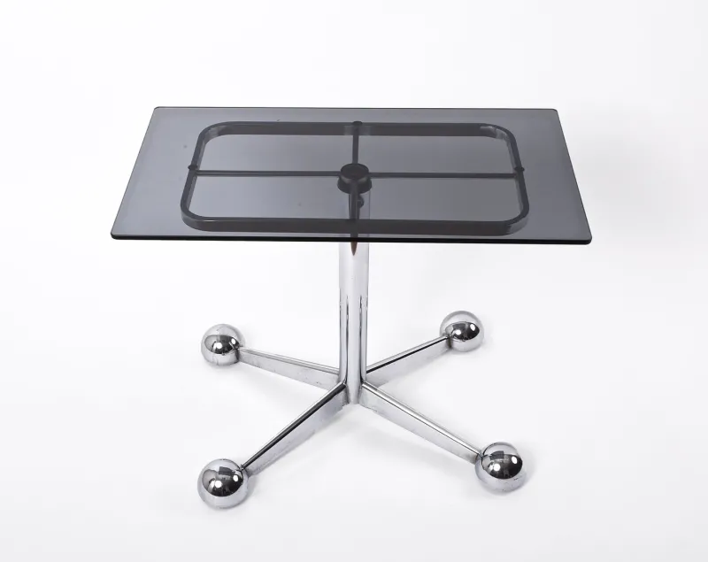 Pamono Adjustable Coffee Table in Chrome & Smoked Glass with Wheels from Allegri Arredamenti, 1970s> Worktables & Workbenches
