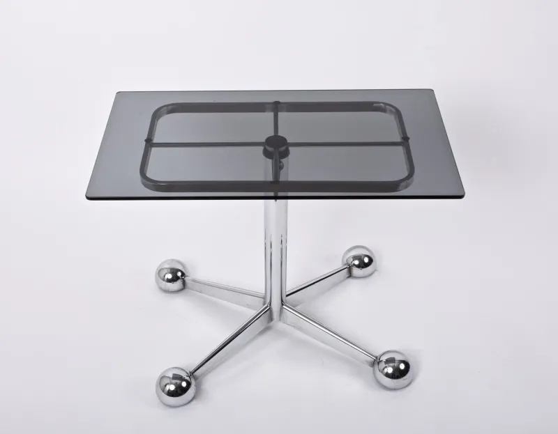 Pamono Adjustable Coffee Table in Chrome & Smoked Glass with Wheels from Allegri Arredamenti, 1970s> Worktables & Workbenches