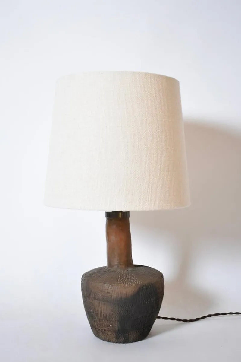 Pamono African Brown Ceramic Lamp with Geometric Pattern, 1970s