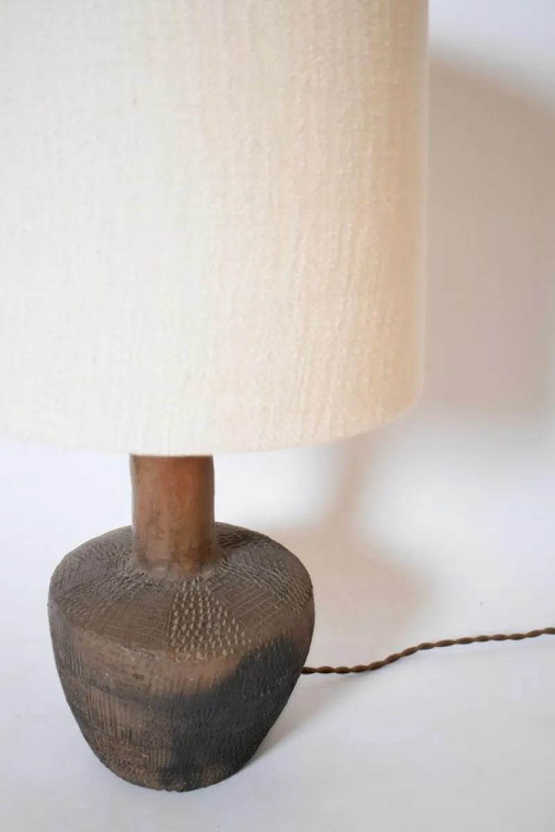 Pamono African Brown Ceramic Lamp with Geometric Pattern, 1970s