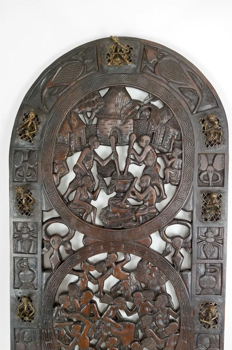 Pamono African Door in Carved Wood and Bronze