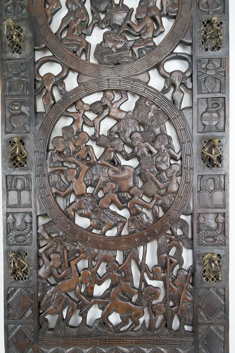 Pamono African Door in Carved Wood and Bronze