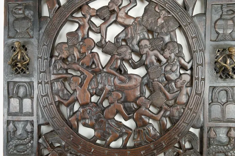 Pamono African Door in Carved Wood and Bronze