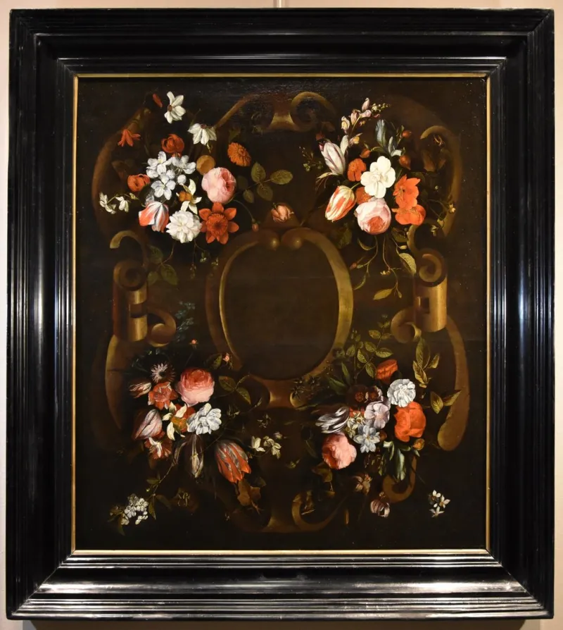 Pamono After Frans Van Everbroeck, Garland of Flowers Still Life, 1670, Oil on Canvas, Framed> Old Masters