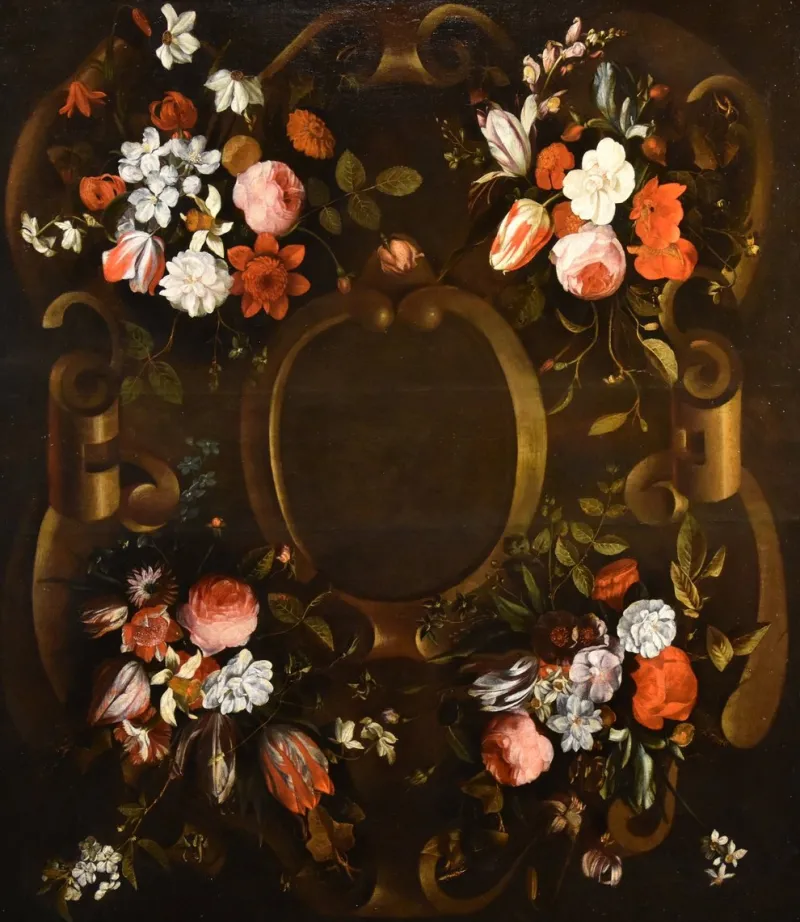 Pamono After Frans Van Everbroeck, Garland of Flowers Still Life, 1670, Oil on Canvas, Framed> Old Masters