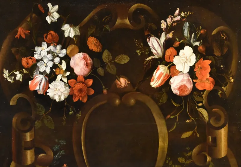 Pamono After Frans Van Everbroeck, Garland of Flowers Still Life, 1670, Oil on Canvas, Framed> Old Masters