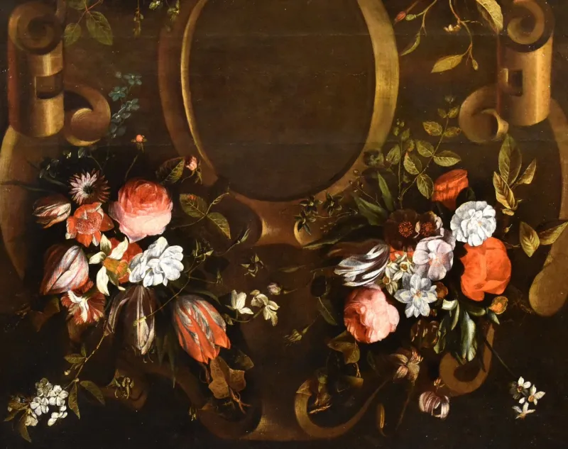 Pamono After Frans Van Everbroeck, Garland of Flowers Still Life, 1670, Oil on Canvas, Framed> Old Masters