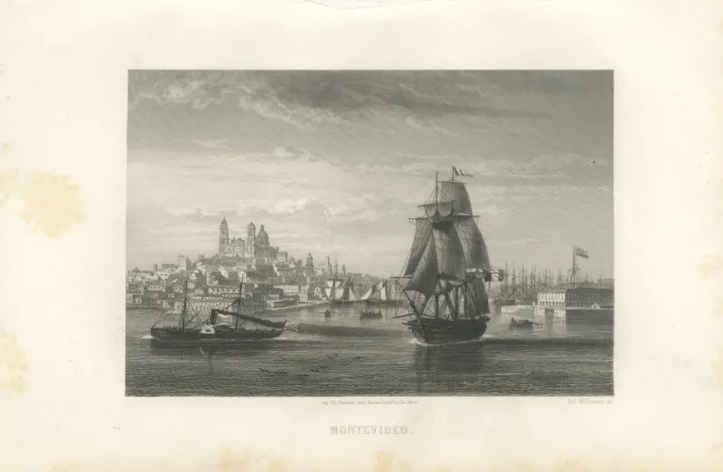 Pamono After Lebreton, City View Illustration of Montevideo Harbor and Skyline, 1867, Engraving> Contemporary|Prints & Multiples
