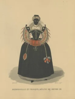 Pamono After Louis Marie Lanté, Maiden in Mask, Court Lady of Henry III, 1900, Handcoloured Engraving> Prints & Multiples