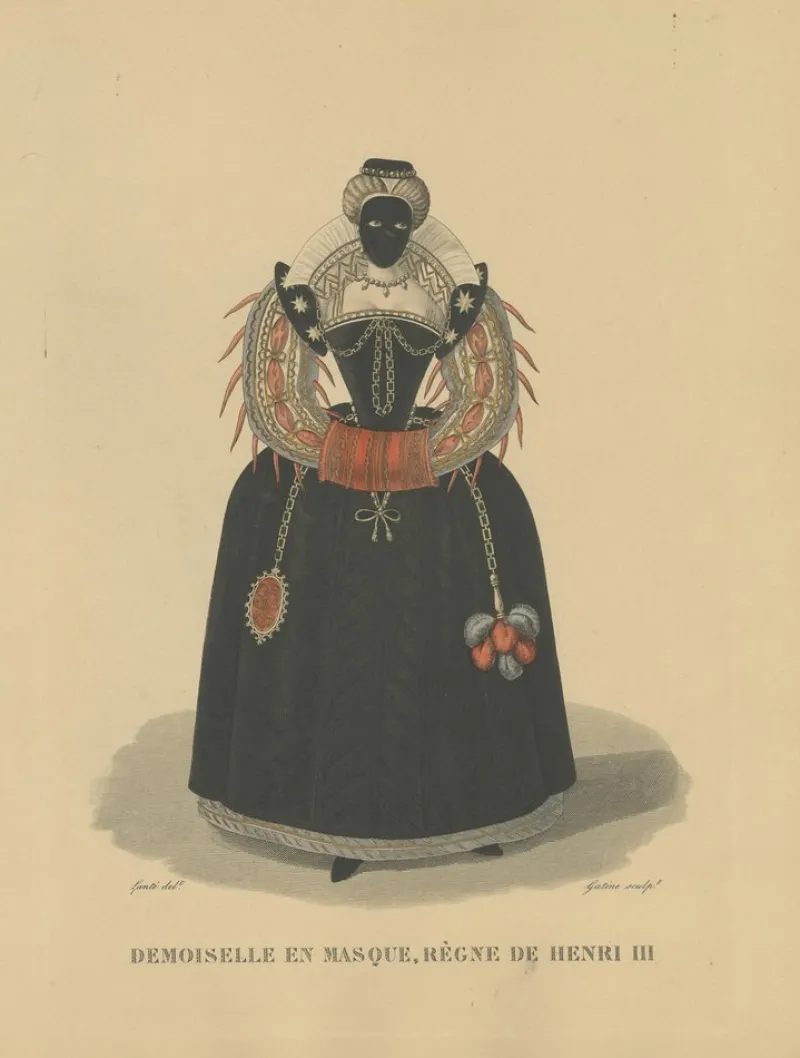 Pamono After Louis Marie Lanté, Maiden in Mask, Court Lady of Henry III, 1900, Handcoloured Engraving> Prints & Multiples