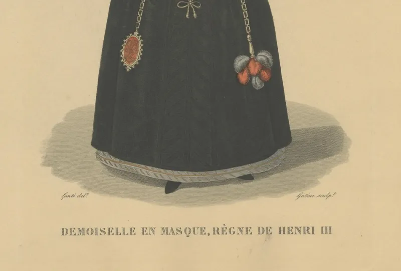 Pamono After Louis Marie Lanté, Maiden in Mask, Court Lady of Henry III, 1900, Handcoloured Engraving> Prints & Multiples