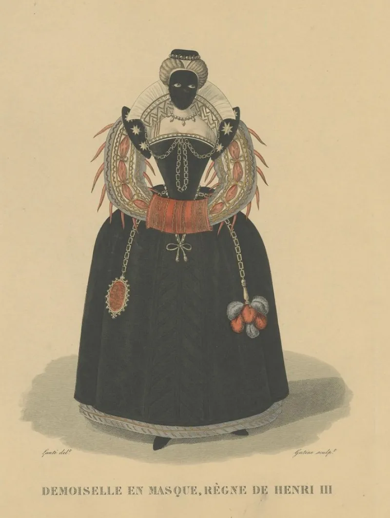 Pamono After Louis Marie Lanté, Maiden in Mask, Court Lady of Henry III, 1900, Handcoloured Engraving> Prints & Multiples