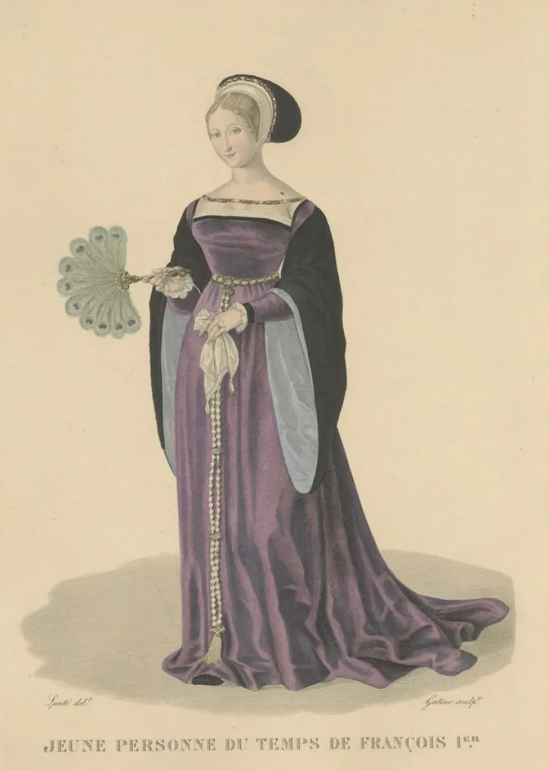 Pamono After Louis Marie Lanté, Young Lady of the Time of Francis I, Handcoloured Engraving, 1900> Prints & Multiples