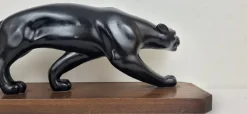 Pamono After S. Melani, Art Deco Black Panther Sculpture, 1930s, Plaster on Wood Base><noscript><img width=