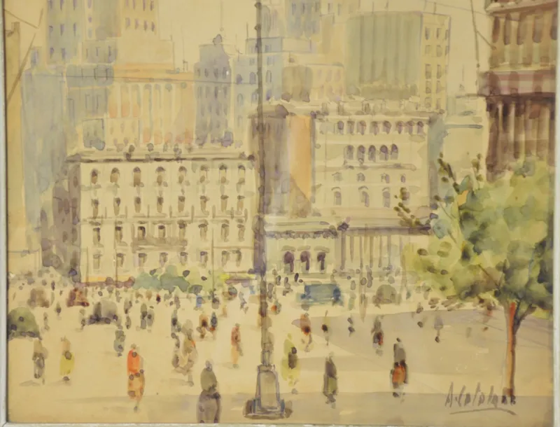 Pamono Alessandro Catalani, Urban View, 1930s, Watercolor, Framed> Art Deco|Work On Paper