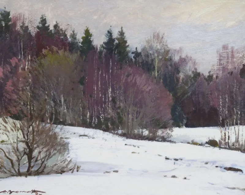 Pamono Alfejs Bromults, Forest Edge at Winter, 1983, Oil on Cardboard> Impressionist