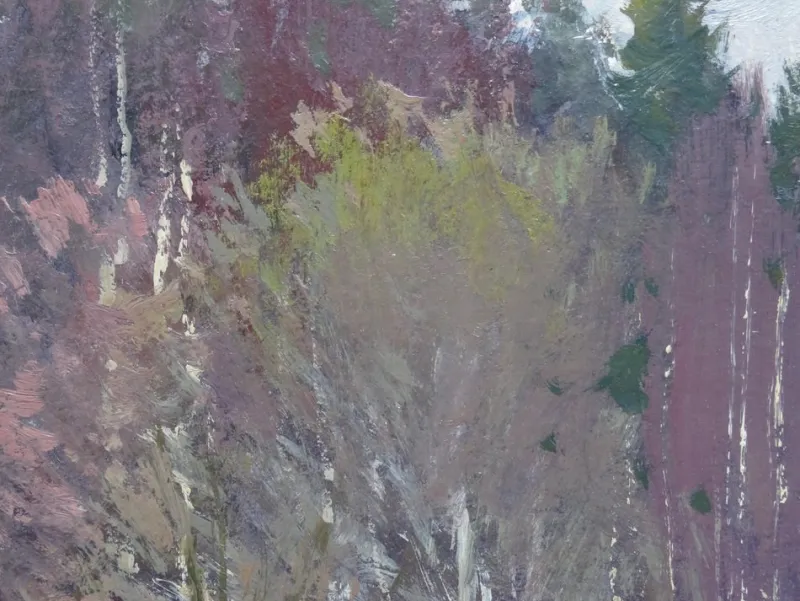 Pamono Alfejs Bromults, Forest Edge at Winter, 1983, Oil on Cardboard> Impressionist