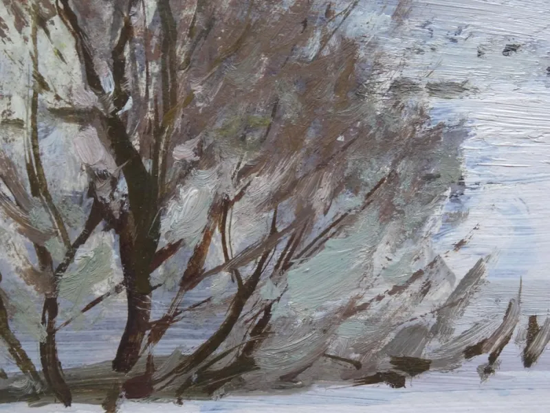Pamono Alfejs Bromults, Forest Edge at Winter, 1983, Oil on Cardboard> Impressionist