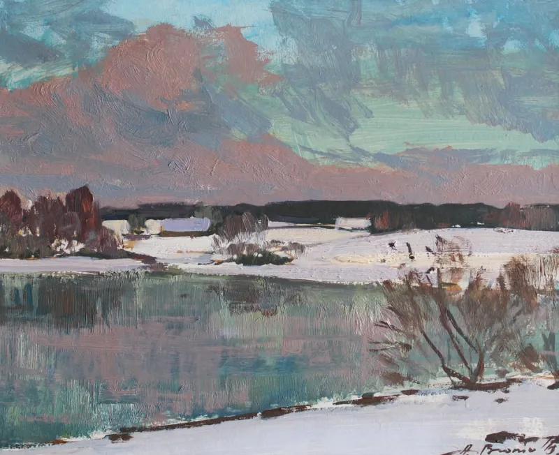 Pamono Alfejs Bromults, Winter Landscape, Oil on Cardboard> Impressionist