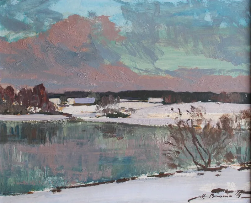 Pamono Alfejs Bromults, Winter Landscape, Oil on Cardboard> Impressionist